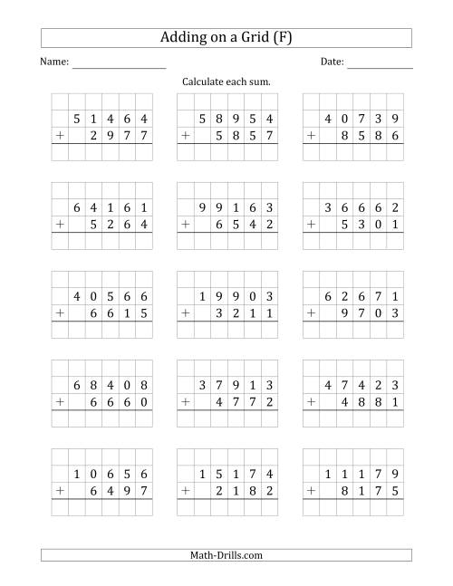 The Adding 5-Digit Plus 4-Digit Numbers on a Grid (F) Math Worksheet