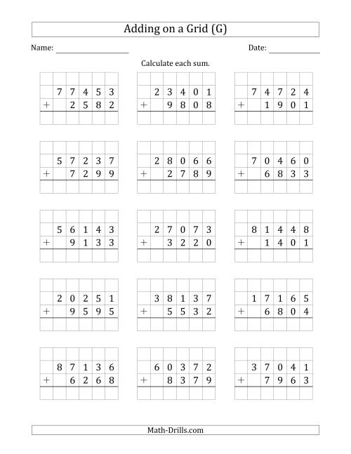 The Adding 5-Digit Plus 4-Digit Numbers on a Grid (G) Math Worksheet