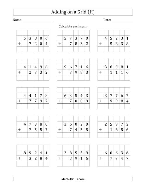 The Adding 5-Digit Plus 4-Digit Numbers on a Grid (H) Math Worksheet