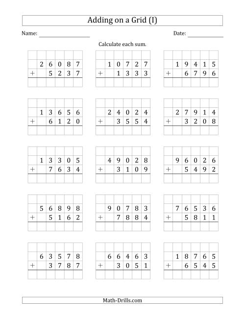 The Adding 5-Digit Plus 4-Digit Numbers on a Grid (I) Math Worksheet