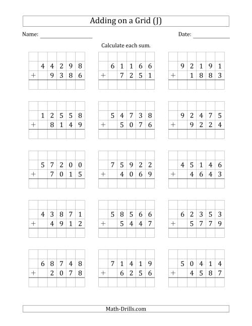 The Adding 5-Digit Plus 4-Digit Numbers on a Grid (J) Math Worksheet