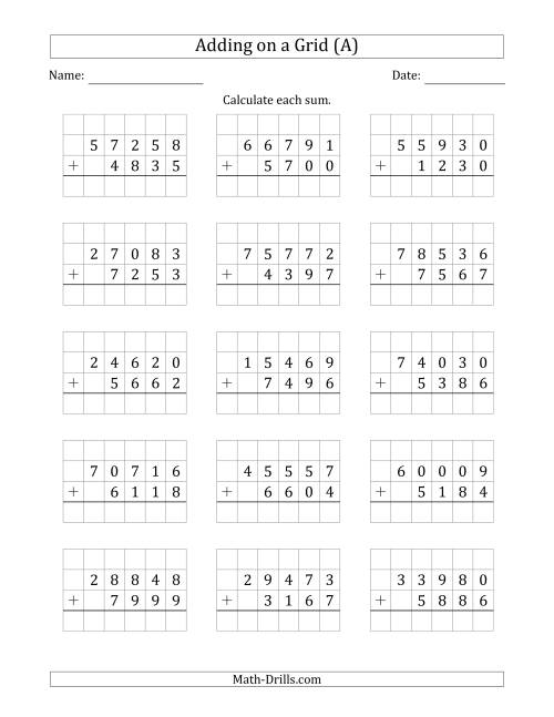 The Adding 5-Digit Plus 4-Digit Numbers on a Grid (All) Math Worksheet