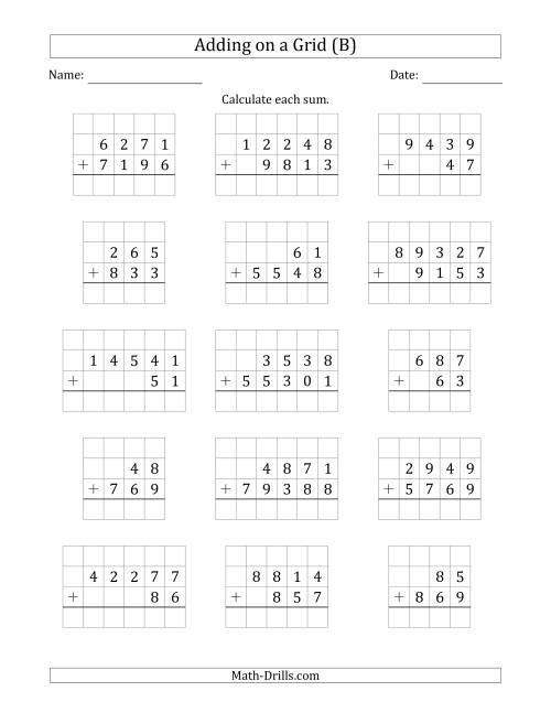The Adding Two Addends with Various Digits on a Grid (B) Math Worksheet