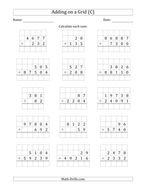 The Adding Two Addends with Various Digits on a Grid (C) Math Worksheet