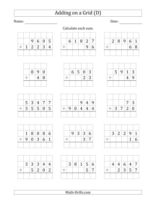The Adding Two Addends with Various Digits on a Grid (D) Math Worksheet