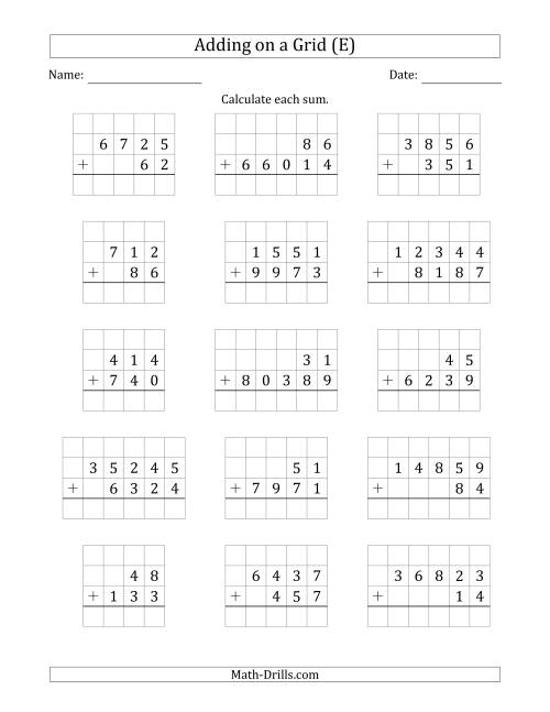 The Adding Two Addends with Various Digits on a Grid (E) Math Worksheet