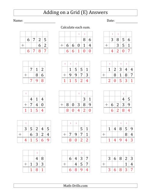 The Adding Two Addends with Various Digits on a Grid (E) Math Worksheet Page 2