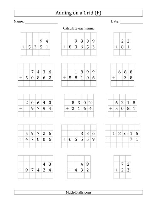 The Adding Two Addends with Various Digits on a Grid (F) Math Worksheet