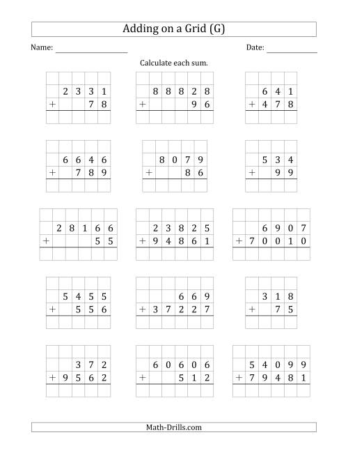 The Adding Two Addends with Various Digits on a Grid (G) Math Worksheet