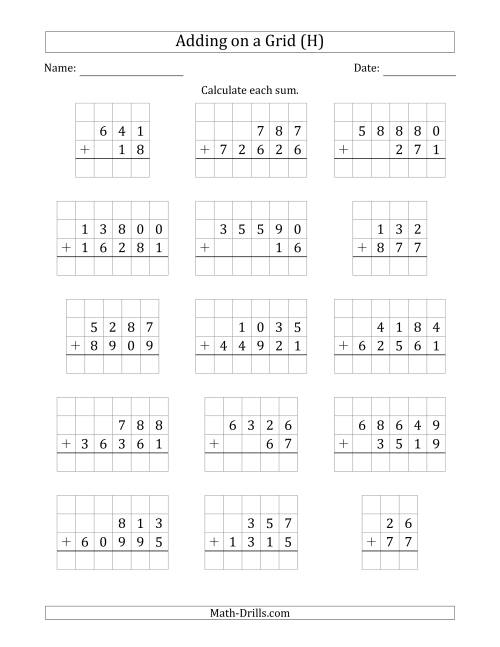 The Adding Two Addends with Various Digits on a Grid (H) Math Worksheet