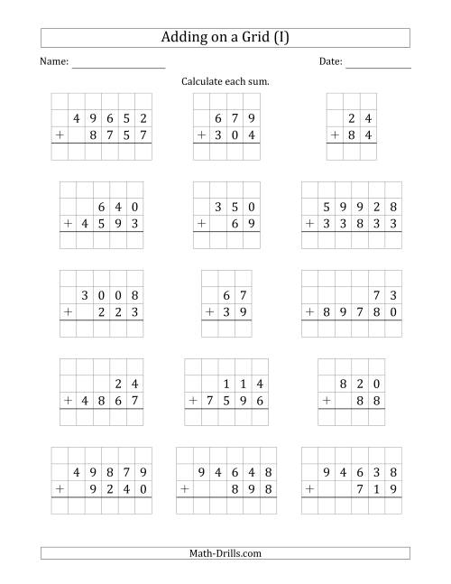 The Adding Two Addends with Various Digits on a Grid (I) Math Worksheet