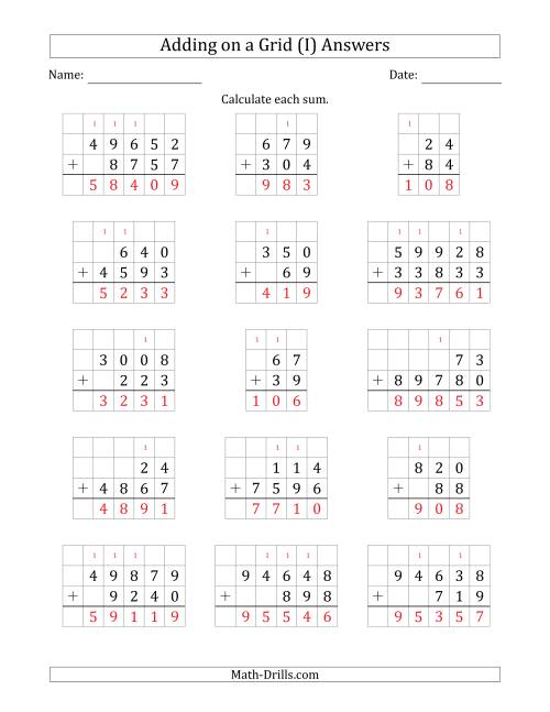 The Adding Two Addends with Various Digits on a Grid (I) Math Worksheet Page 2