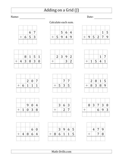 The Adding Two Addends with Various Digits on a Grid (J) Math Worksheet