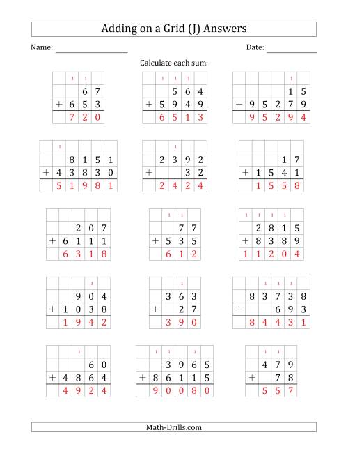 The Adding Two Addends with Various Digits on a Grid (J) Math Worksheet Page 2
