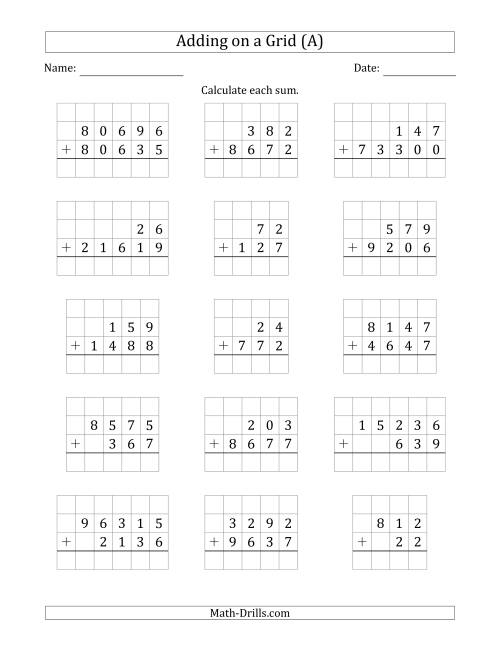 The Adding Two Addends with Various Digits on a Grid (All) Math Worksheet