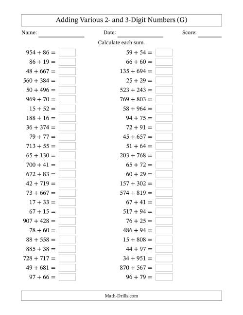 The Horizontally Arranged Adding Various Two- and Three-Digit Numbers (50 Questions) (G) Math Worksheet