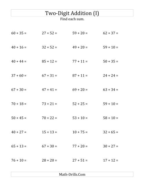 The Horizontal Two-Digit Addition No Regrouping (I) Math Worksheet