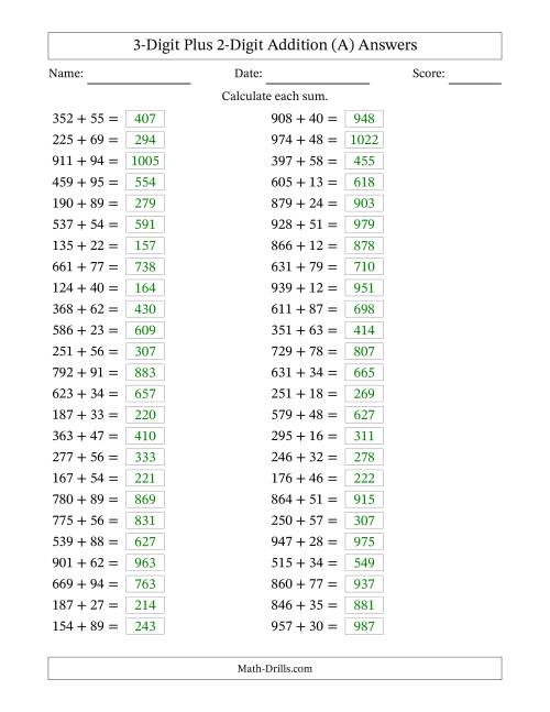 3-Digit Plus 2-Digit Horizontal Addition (A)