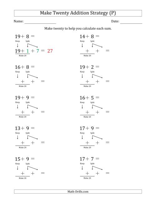 The Make Twenty Addition Strategy (P) Math Worksheet
