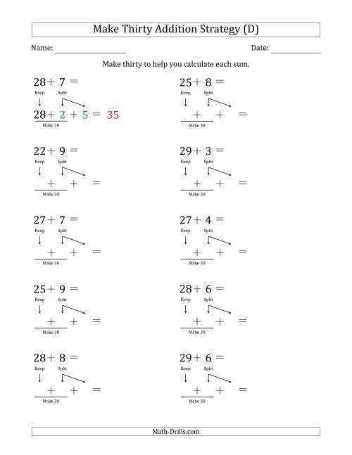 The Make Thirty Addition Strategy (D) Math Worksheet