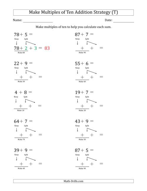 The Make Multiples of Ten Addition Strategy (T) Math Worksheet