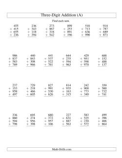 Column Addition -- Four Three-Digit Numbers