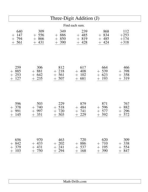 The Column Addition -- Four Three-Digit Numbers (J) Math Worksheet