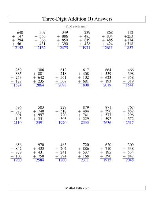 The Column Addition -- Four Three-Digit Numbers (J) Math Worksheet Page 2