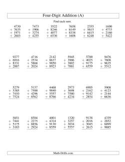 Column Addition -- Four Four-Digit Numbers