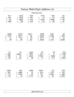 Column Addition -- Four Various-Digit Numbers