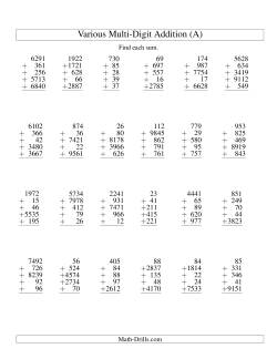 Column Addition -- Five Various-Digit Numbers