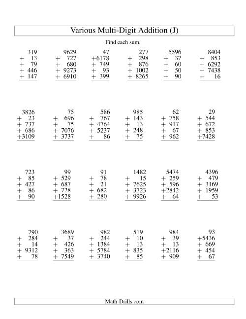 column addition five various digit numbers j