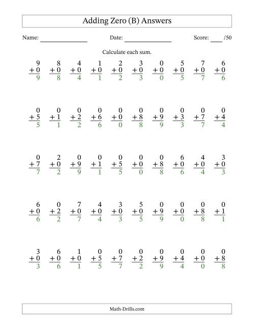 Single Digit Addition -- 50 Vertical Questions -- Adding Zeros (B)