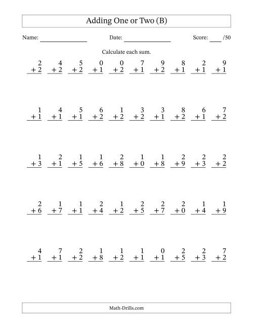 The Adding One or Two With The Other Addend From 0 to 9 – 50 Questions (B) Math Worksheet