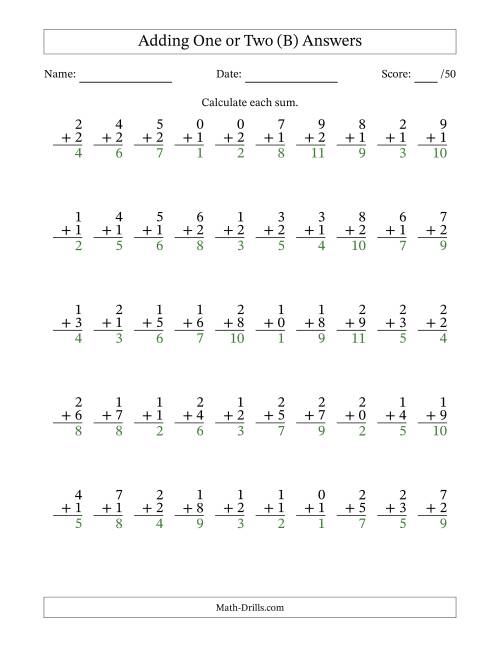 The Adding One or Two With The Other Addend From 0 to 9 – 50 Questions (B) Math Worksheet Page 2