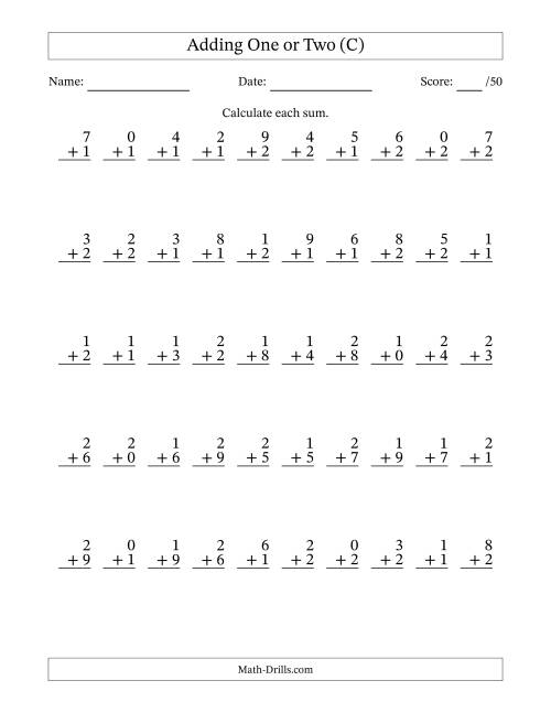 The Adding One or Two With The Other Addend From 0 to 9 – 50 Questions (C) Math Worksheet