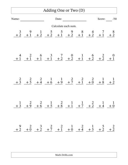 The Adding One or Two With The Other Addend From 0 to 9 – 50 Questions (D) Math Worksheet