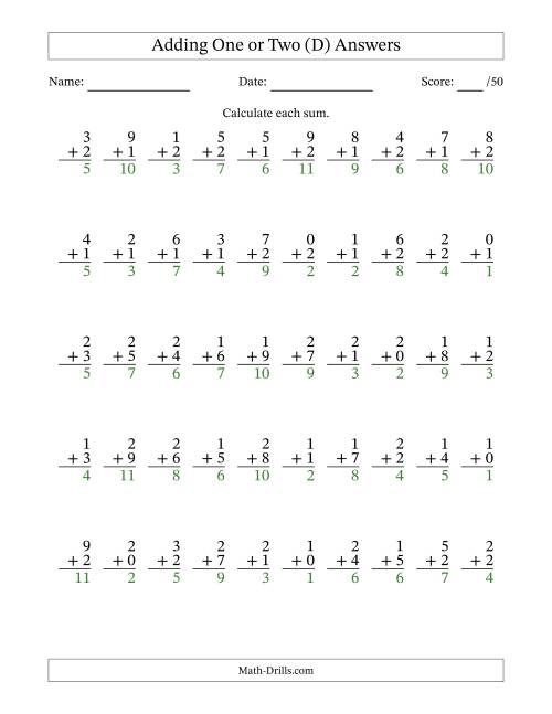 The Adding One or Two With The Other Addend From 0 to 9 – 50 Questions (D) Math Worksheet Page 2