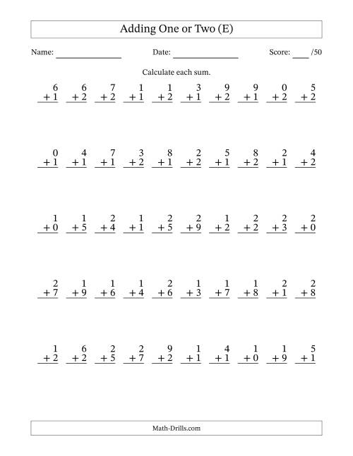 The Adding One or Two With The Other Addend From 0 to 9 – 50 Questions (E) Math Worksheet