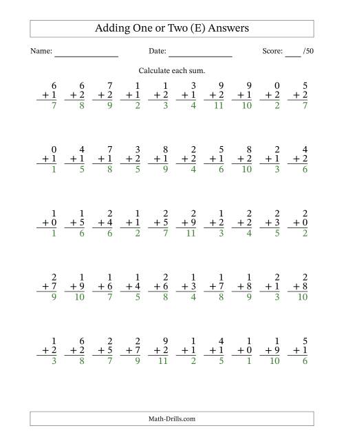 The Adding One or Two With The Other Addend From 0 to 9 – 50 Questions (E) Math Worksheet Page 2