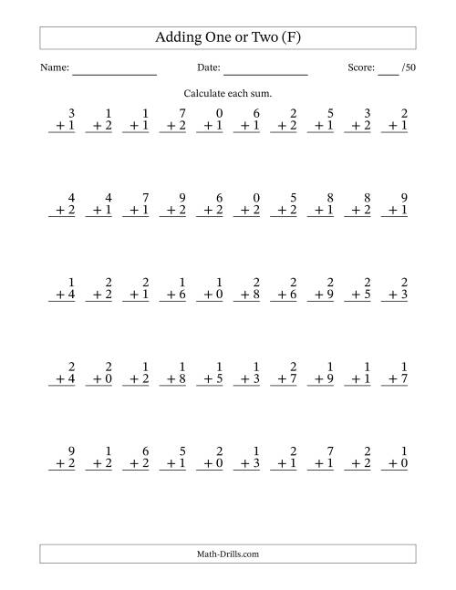The Adding One or Two With The Other Addend From 0 to 9 – 50 Questions (F) Math Worksheet