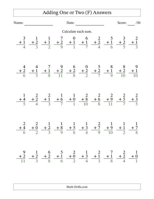 The Adding One or Two With The Other Addend From 0 to 9 – 50 Questions (F) Math Worksheet Page 2