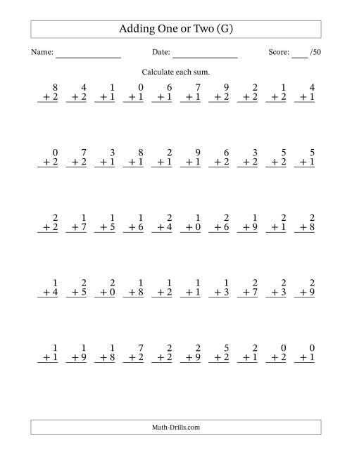 The Adding One or Two With The Other Addend From 0 to 9 – 50 Questions (G) Math Worksheet