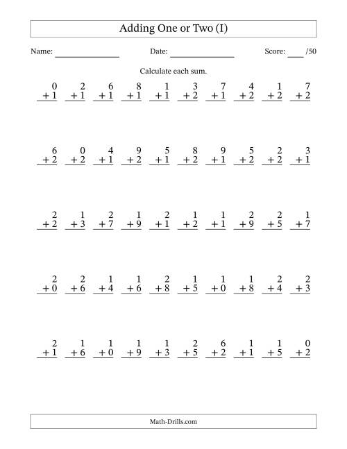 The Adding One or Two With The Other Addend From 0 to 9 – 50 Questions (I) Math Worksheet