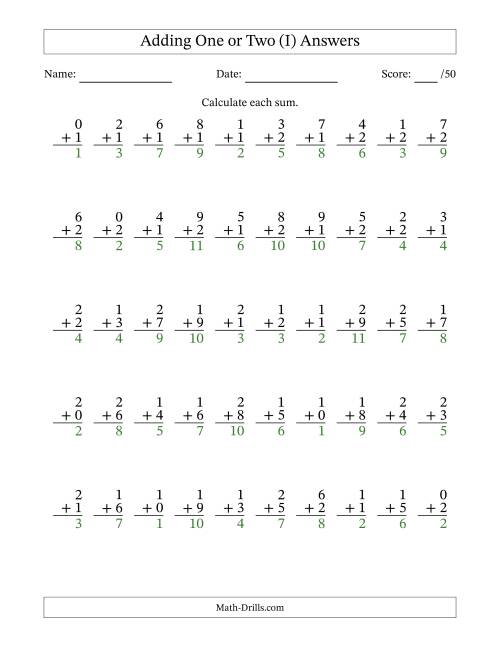 The Adding One or Two With The Other Addend From 0 to 9 – 50 Questions (I) Math Worksheet Page 2