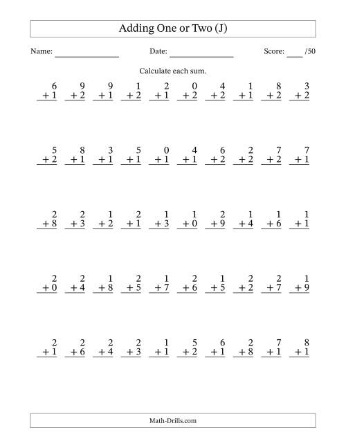 The Adding One or Two With The Other Addend From 0 to 9 – 50 Questions (J) Math Worksheet