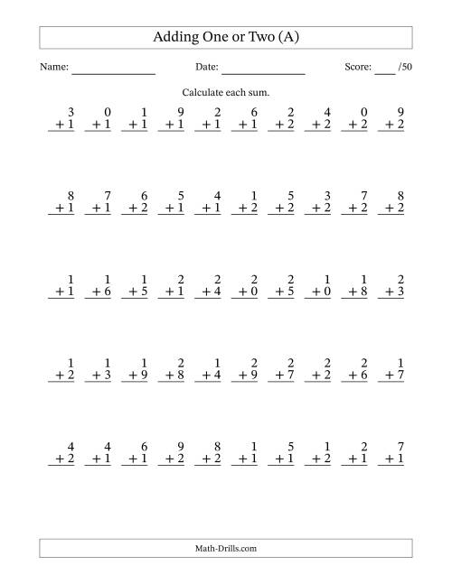 The Adding One or Two With The Other Addend From 0 to 9 – 50 Questions (All) Math Worksheet