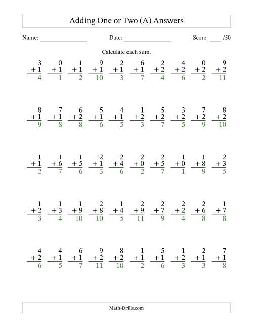 The Adding One or Two With The Other Addend From 0 to 9 – 50 Questions (All) Math Worksheet Page 2