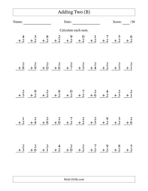 The Adding Two With The Other Addend From 0 to 9 – 50 Questions (B) Math Worksheet
