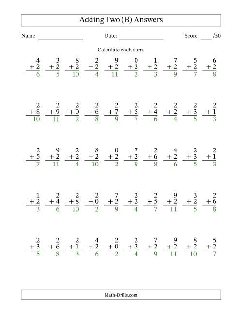 The Adding Two With The Other Addend From 0 to 9 – 50 Questions (B) Math Worksheet Page 2